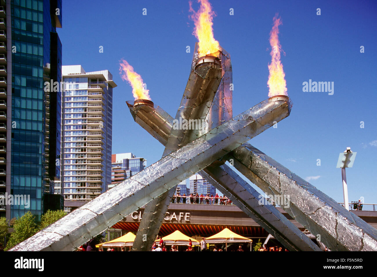 Olympic Cauldron at Jack Poole Plaza, Vancouver, BC, British Columbia, Canada - lit for Canada Day Celebration (July 1st) Stock Photo
