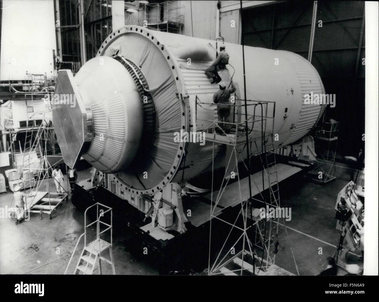 1972 - Skylab takes shape: Technicians at Huntington beach, California, prepare a full-scale version of this Skylab. The stage will be subjected to acoustic, vibration and static forces comparable to those during launch and orbit. It is a structural simulation of actual Skylab workshop in which crews of astronauts will live and work for periods of up to 56 days in earth orbit. Workshop under development at McDonnell Douglas, is scheduled for 1972 launch as nation's first space station. Test stage is 50 feet long, 21.7 feet in diameter and weighs 27 1/2 tons. (Credit Image: © Keystone Pictures Stock Photo