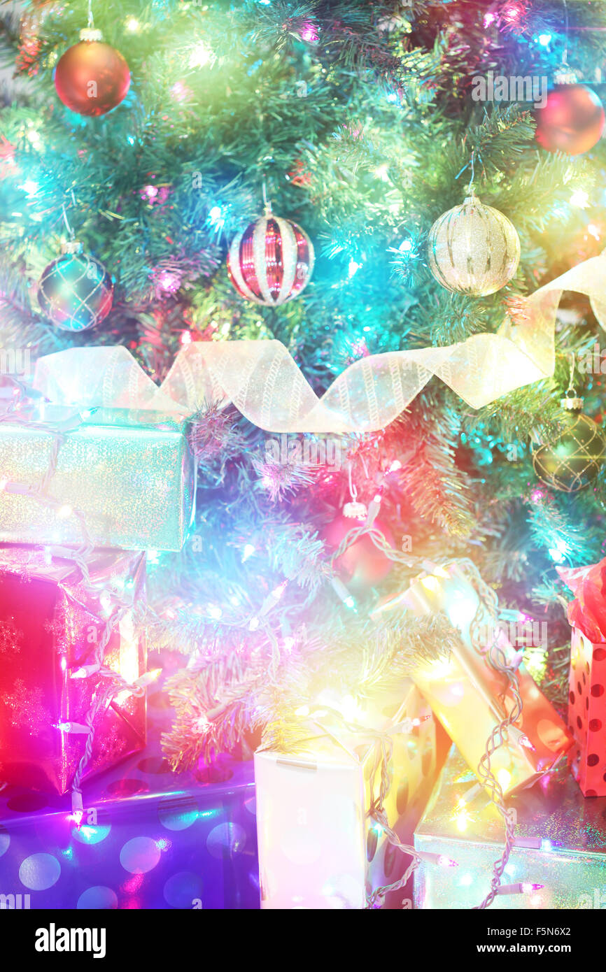 Colorful background of Christmas decorations and presents Stock Photo