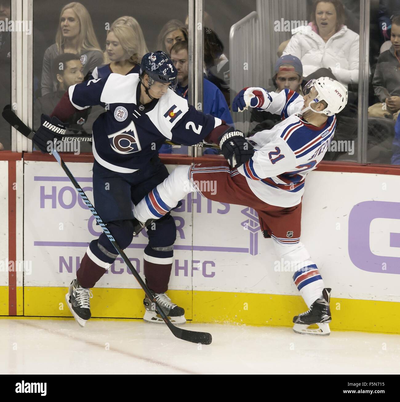 Denver, Colorado, USA. 6th Nov, 2015. Avalanche D NICK HOLDEN, left, checks Rangers C DEREK STEPAN, right, during the 3rd. period at the Pepsi Center Friday night. The Avs lose to the Rangers 2-1. Credit:  Hector Acevedo/ZUMA Wire/Alamy Live News Stock Photo