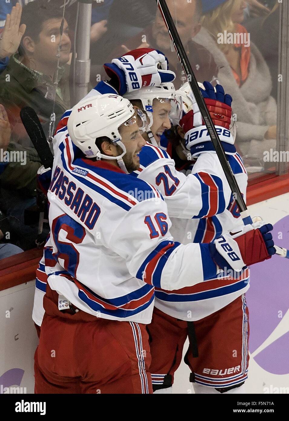 Denver, Colorado, USA. 6th Nov, 2015. Rangers C DEREK STEPAN, center, gets swarmed by his team mates during the 1st. period at the Pepsi Center Friday night. The Avs lose to the Rangers 2-1. Credit:  Hector Acevedo/ZUMA Wire/Alamy Live News Stock Photo