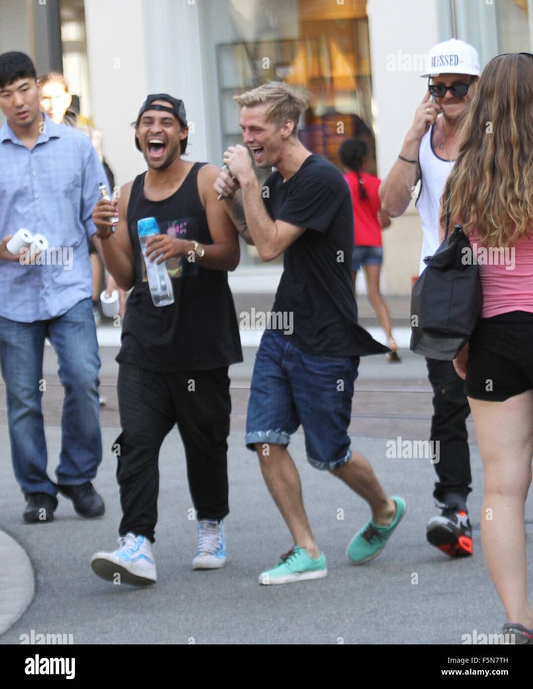 Aaron Carter seen having a laugh with his friends while out shopping at The Grove in Hollywood  Featuring: Aaron Carter Where: Hollywood, California, United States When: 05 Sep 2015 Stock Photo