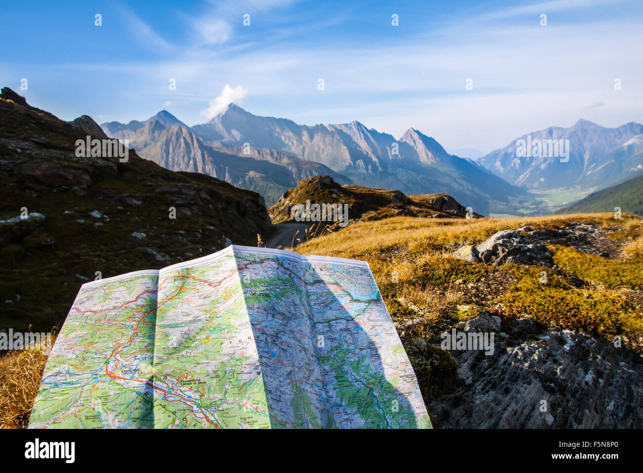 touristic map on Alps mountain and sky background Stock Photo