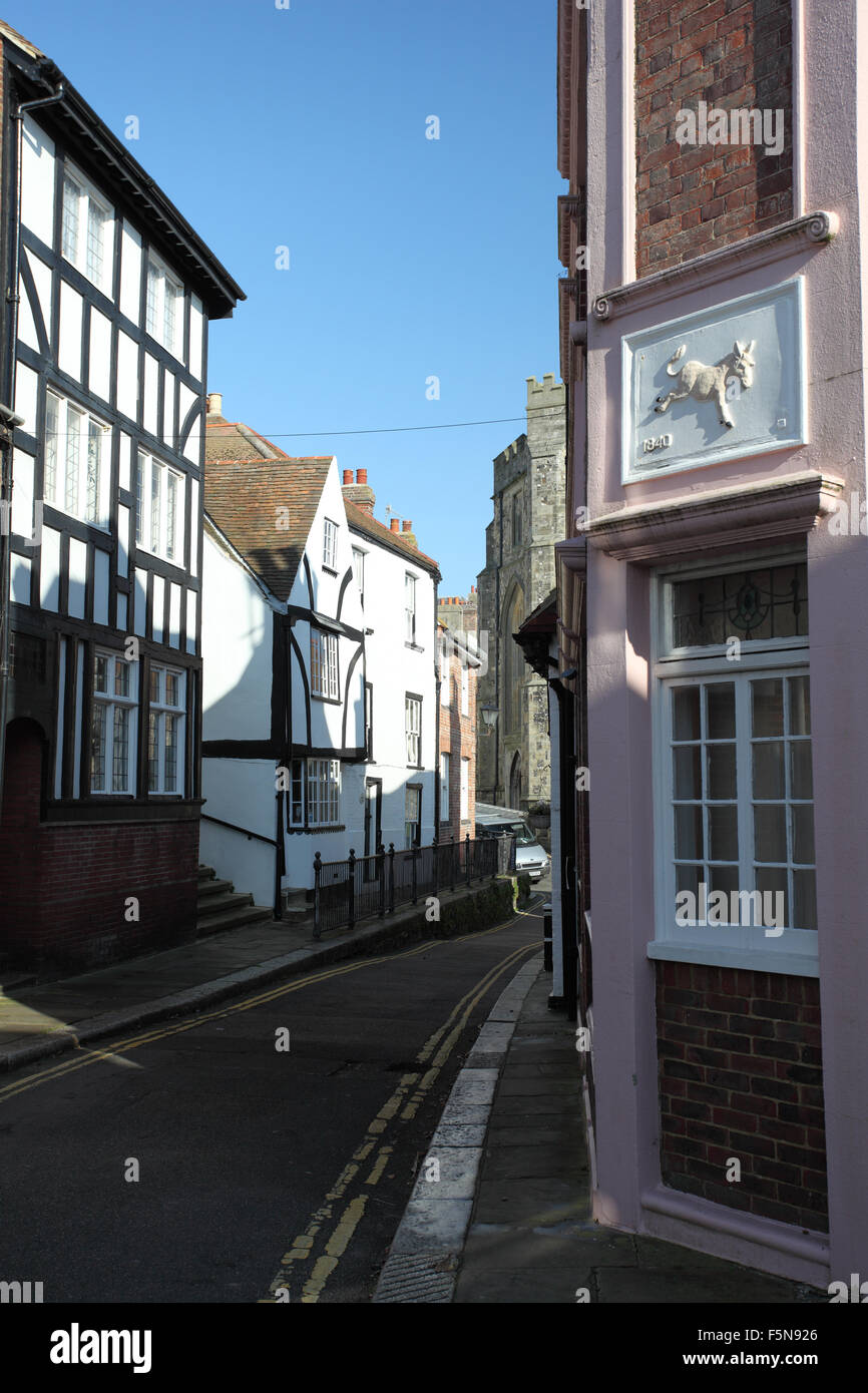 Hill Street in Hastings Old Town with the old Kicking Donkey pub in the foreground, East Sussex, UK Stock Photo