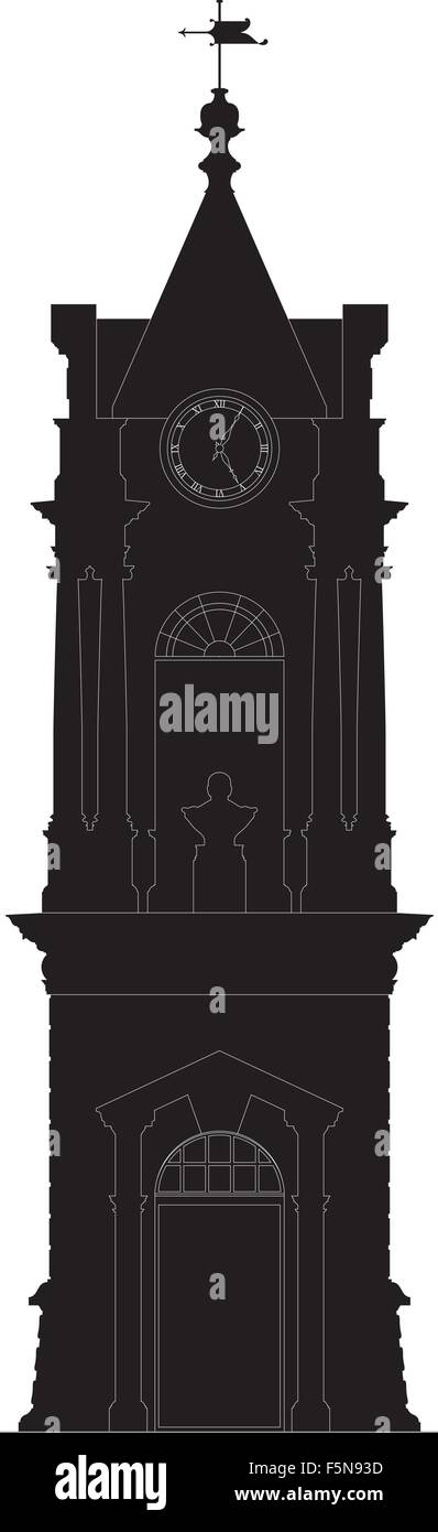 Clock tower line drawing elevation, reversed, white line on black Stock Vector