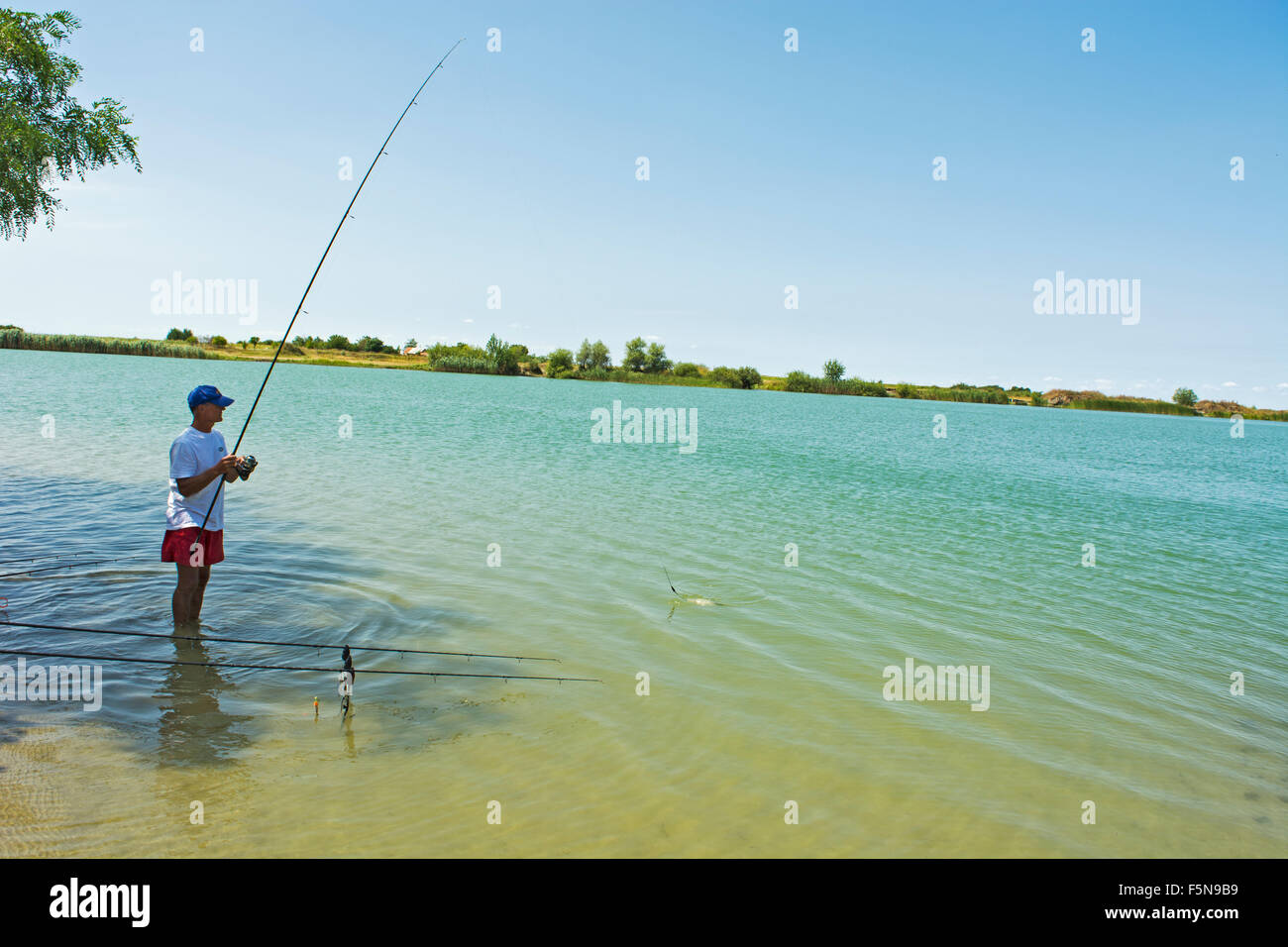 Fisherman on the lake draws hooked fish. Stock Photo