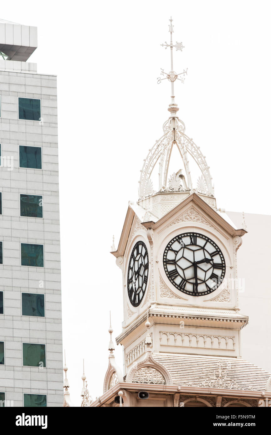 Clock tower of the Lau Pa Sat Market in Singapore Stock Photo