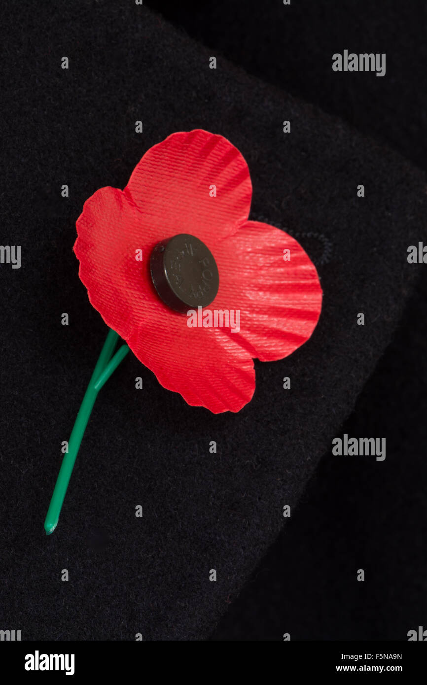 Poppy Scotland, four petaled remembrance poppy pinned to the lapel of a black coat Stock Photo
