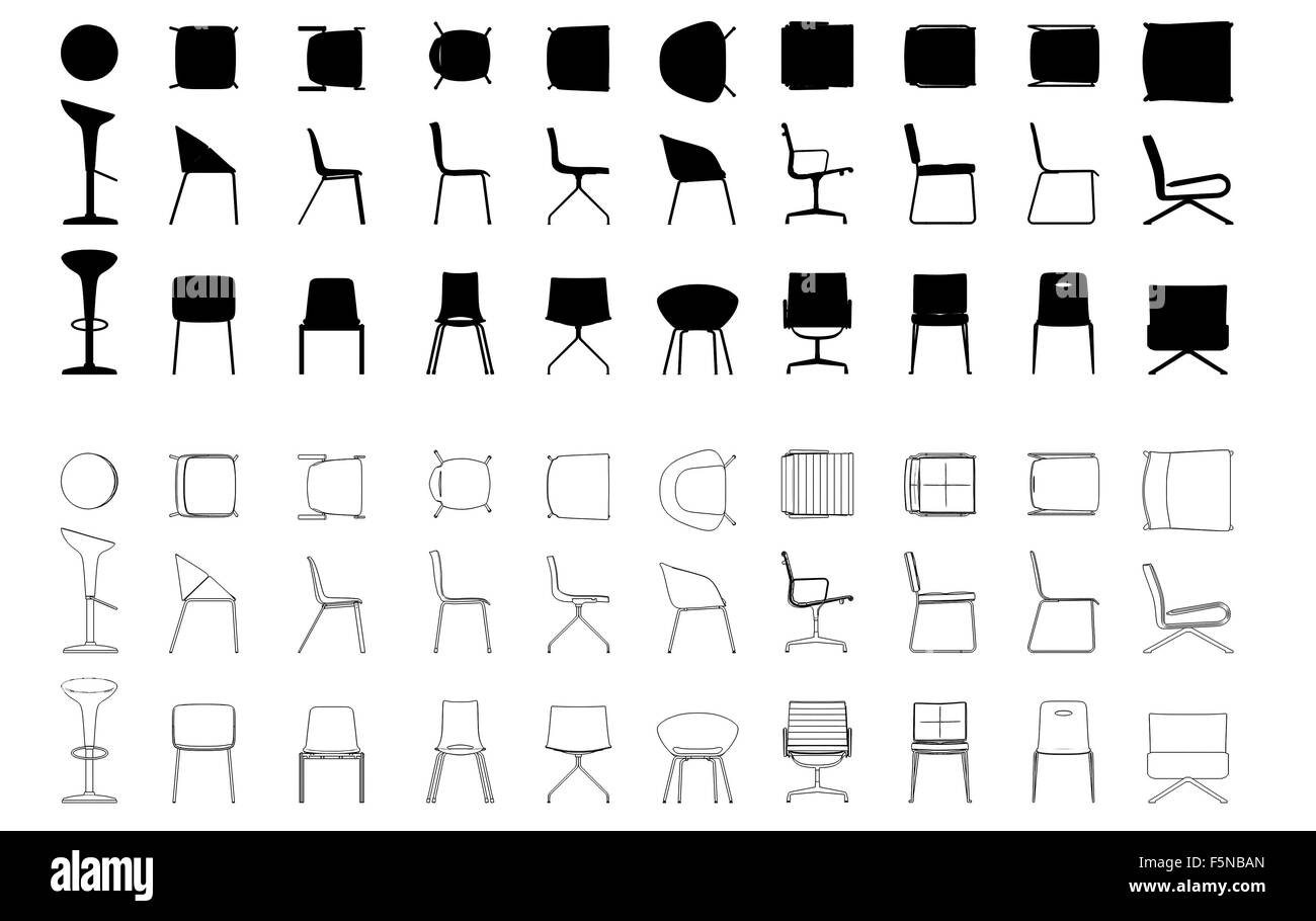set of contours and silhouettes of ten models of chairs on a white ...