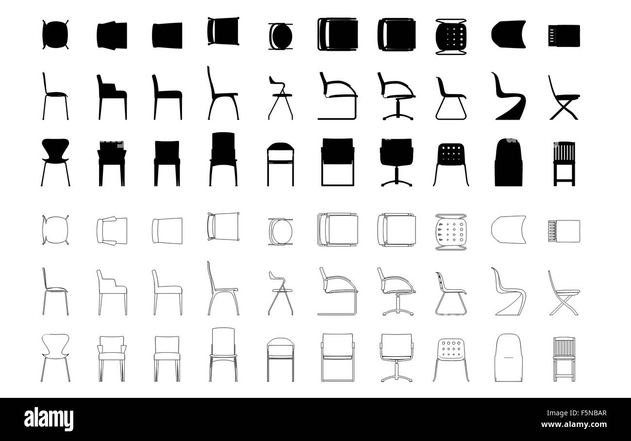 set of contours and silhouettes of ten models of chairs on a white ...