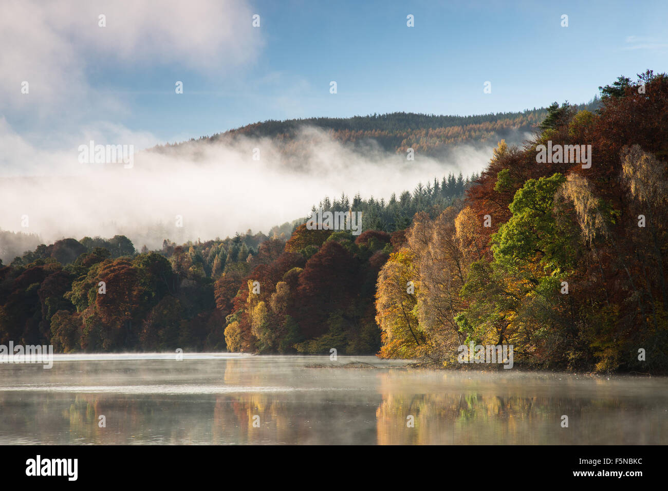 Autumn colors and mist at Loch Faskally, Pitlochry, Perthshire, Scotland Stock Photo