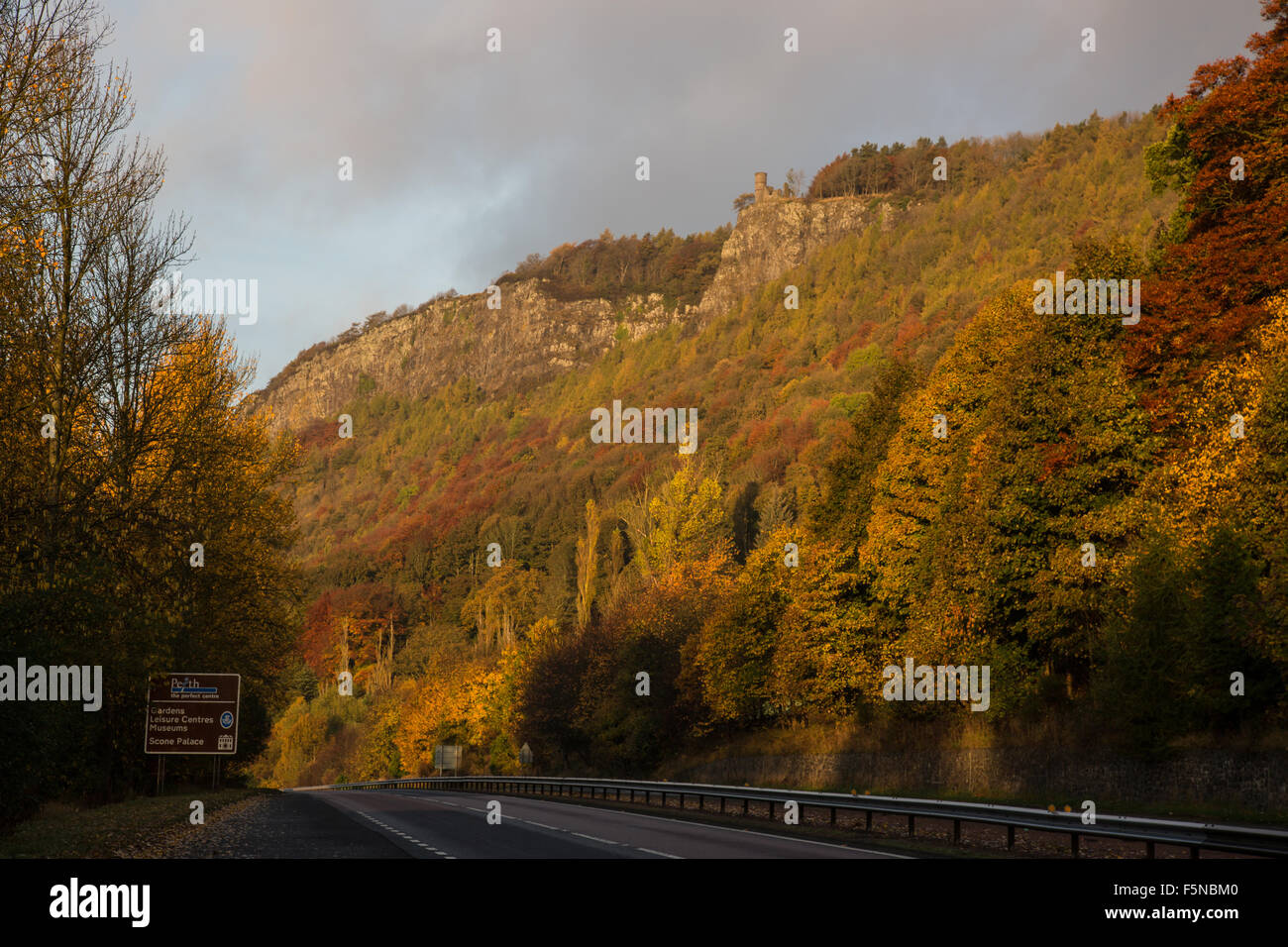 Kinnoull Hill and Tower near Perth in Scotland taken from the A90 trunk