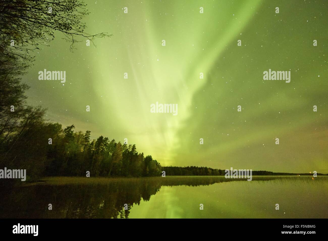Northern lights (Aurora Borealis) glowing in the night sky over a ...