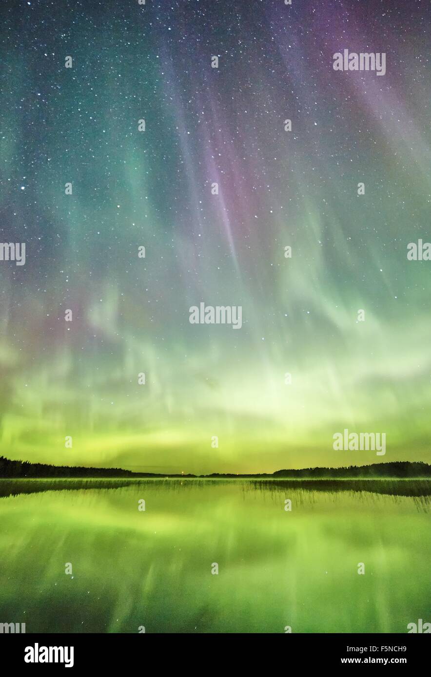 Northern lights (Aurora Borealis) glowing in the night sky over a ...