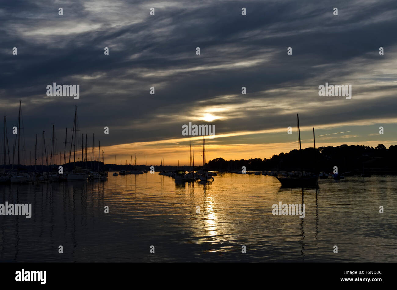 Quiet calm sunset anchorage 'Ile aux Moines' Gulf de Morbihan Brittany France Stock Photo