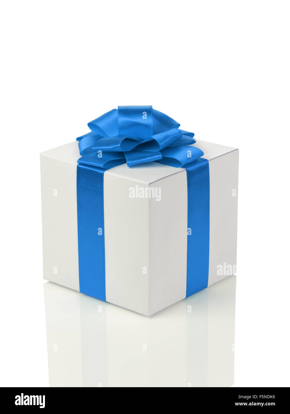 white paper gift box with blue ribbon bow isolated Stock Photo