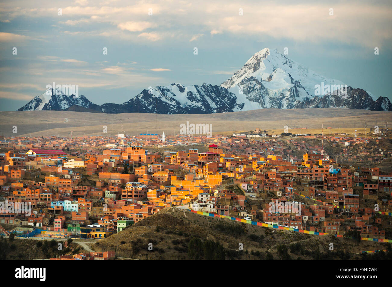 The peak of Huayna Potosi from El Alto above, La Paz, Bolivia. La Paz and El Alto are critically short of water and will probabl Stock Photo