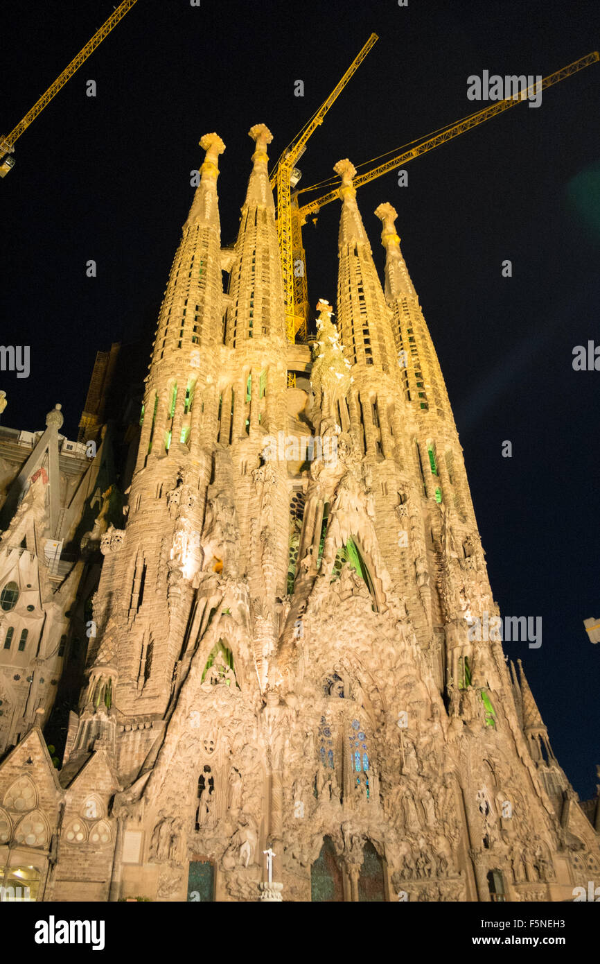 Sagrada,Familia,Gaudi,unfinished massive church lit up,illuminated at night,Barcelona,Catalonia,Spain, Stock Photo