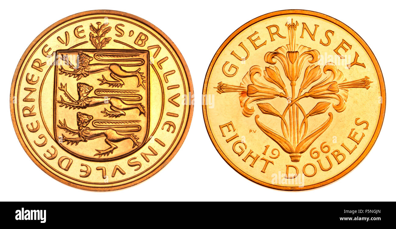 Guernsey Eight Doubles coin (1966) showing the Arms of Guernsey and 3-flowered Guernsey lily. Engraver: Paul Vincze Stock Photo