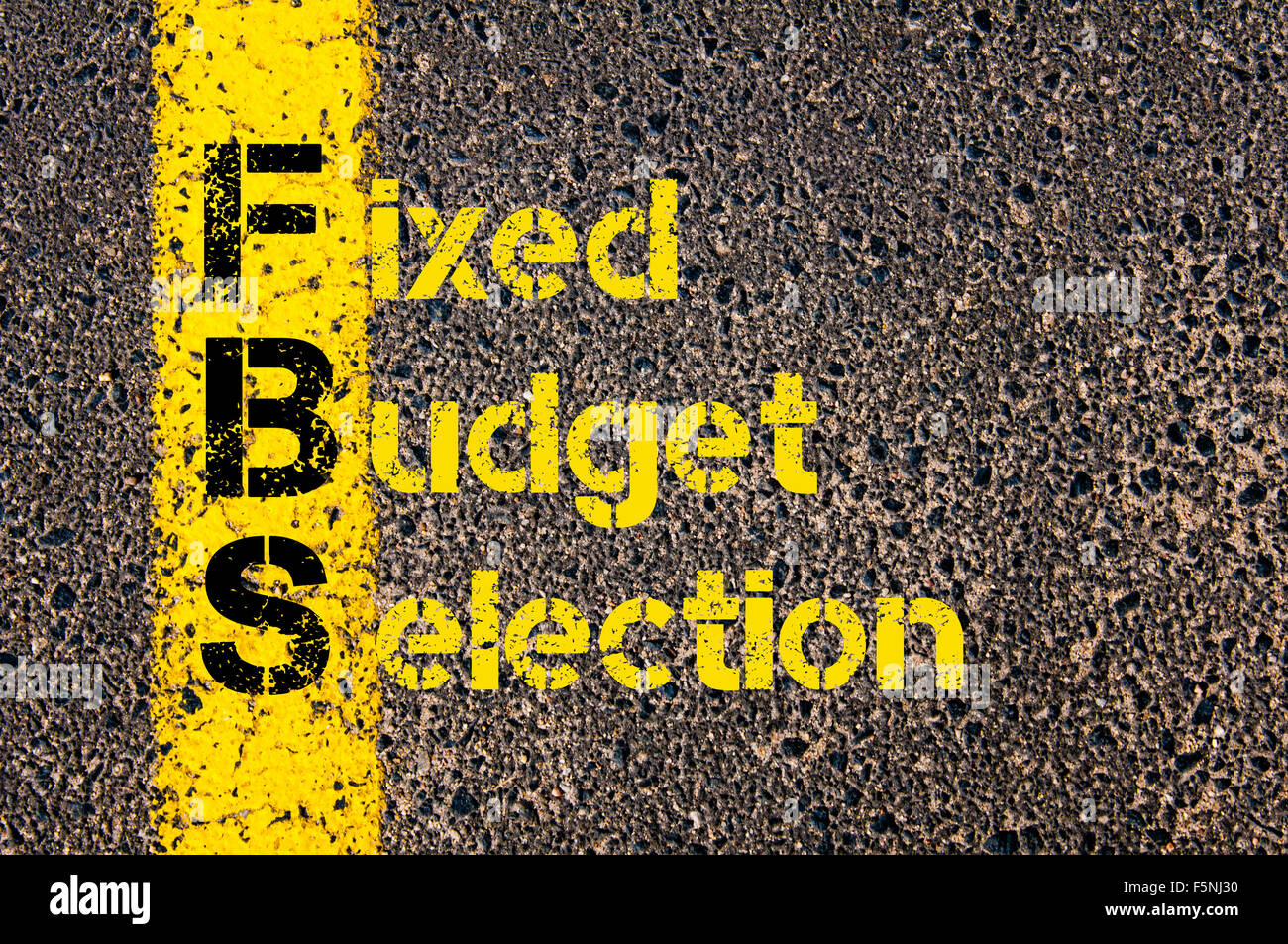 Concept image of Business Acronym FBS as Fixed Budget Selection written over road marking yellow paint line. Stock Photo