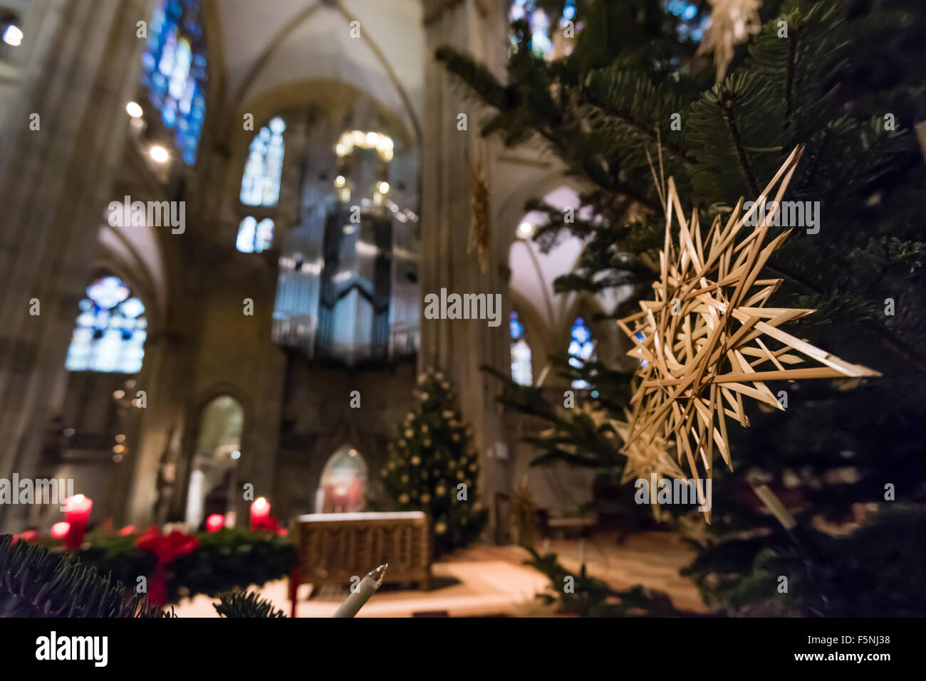 Christmas decoration inside Regensburg Cathedral (Dom St. Peter), Gothic style landmark of Regensburg, Germany (Bavaria). Stock Photo