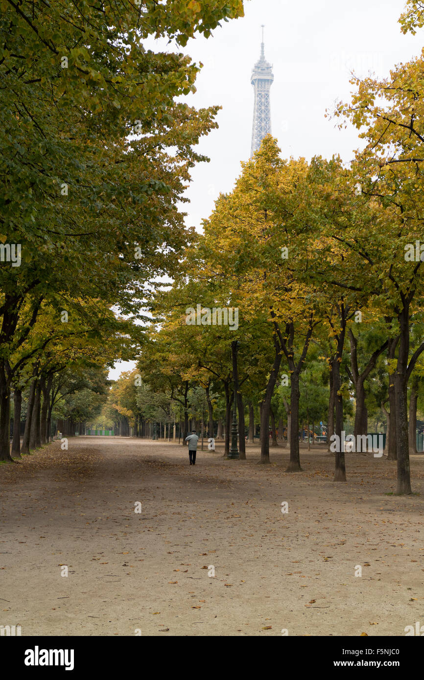Walking in Autumn in Paris with the Eiffel tower Stock Photo