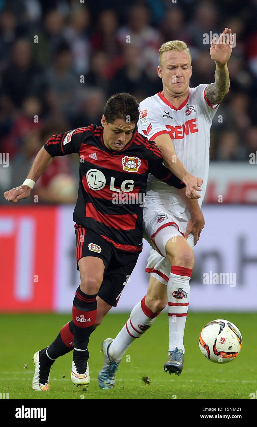 Leverkusen, Germany. 07th Nov, 2015. Leverkusen's Javier Hernandez (l) and Koeln's Kevin Vogt vie for the ball during the German Bundesliga soccer match between Bayer 04 Leverkusen and 1. FC Koeln at the BayArena in Leverkusen, Germany, 07 November 2015. Photo: FEDERICO GAMBARINI/dpa (EMBARGO CONDITIONS - ATTENTION - Due to the accreditation guidelines, the DFL only permits the publication and utilisation of up to 15 pictures per match on the internet and in online media during the match)/dpa/Alamy Live News Stock Photo
