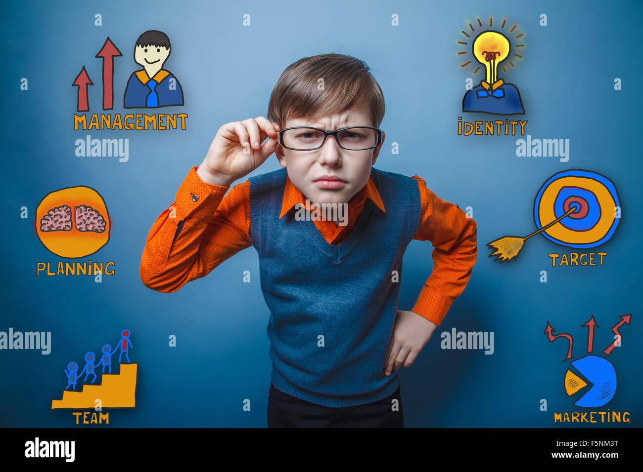 adolescence boy leaned over and hand holds glasses collection bu Stock Photo