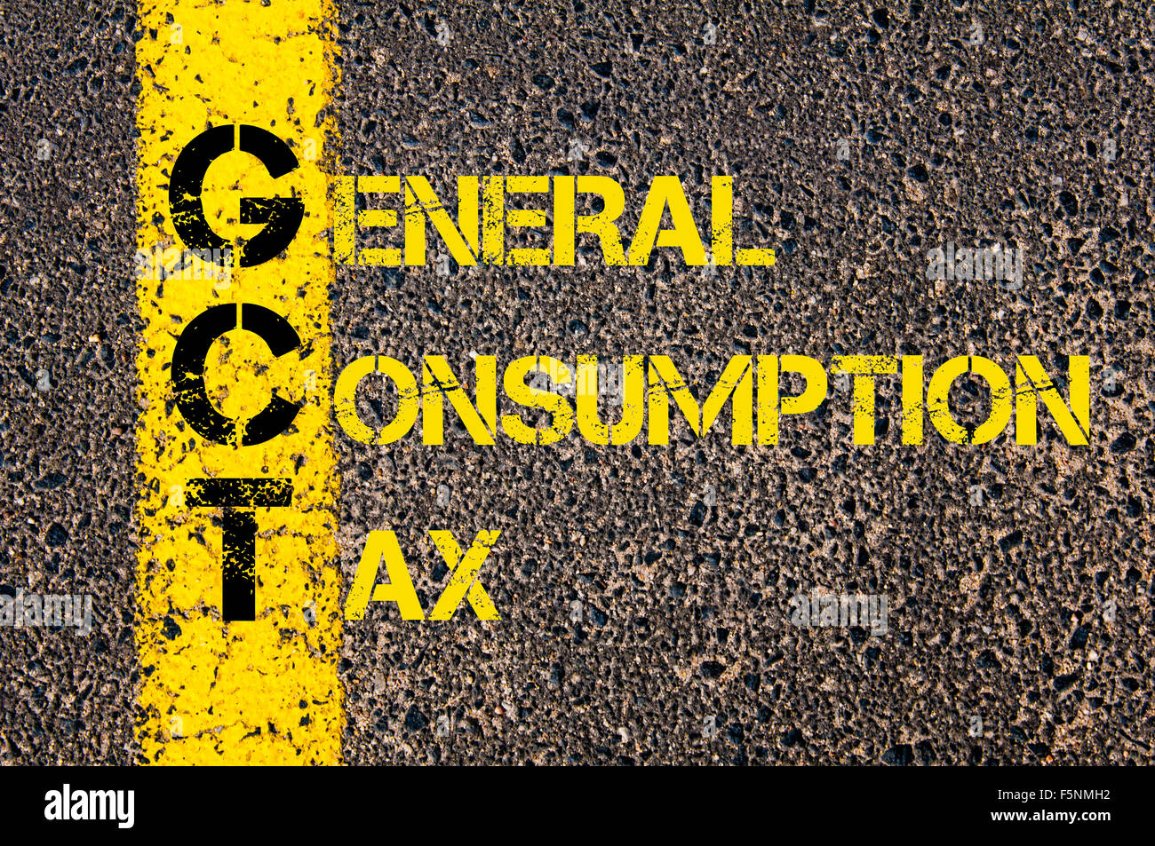 Concept image of Business Acronym GCT as General Consumption Tax written over road marking yellow paint line. Stock Photo