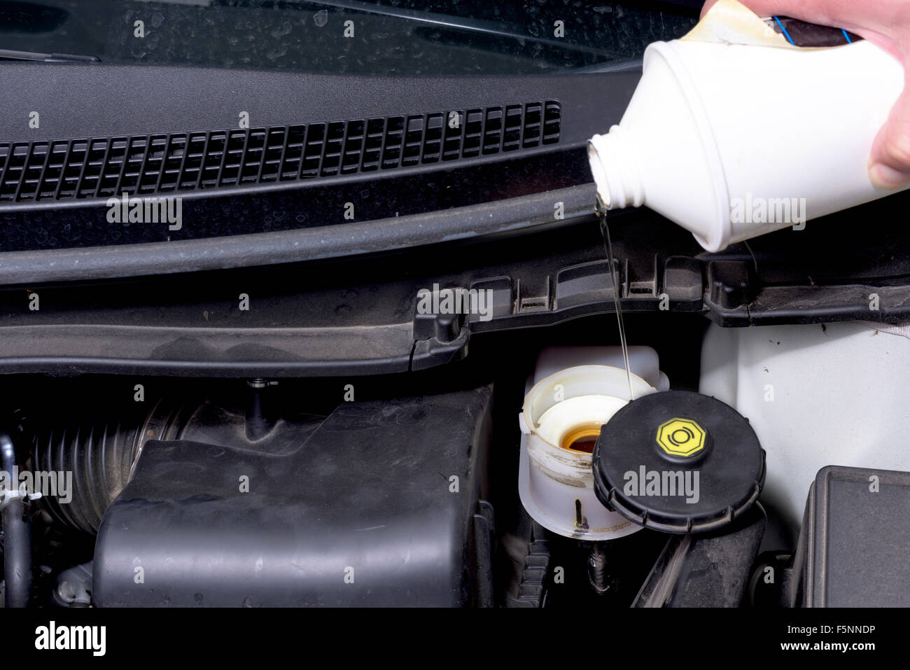 Pouring brake fluid into the master cylinder Stock Photo Alamy