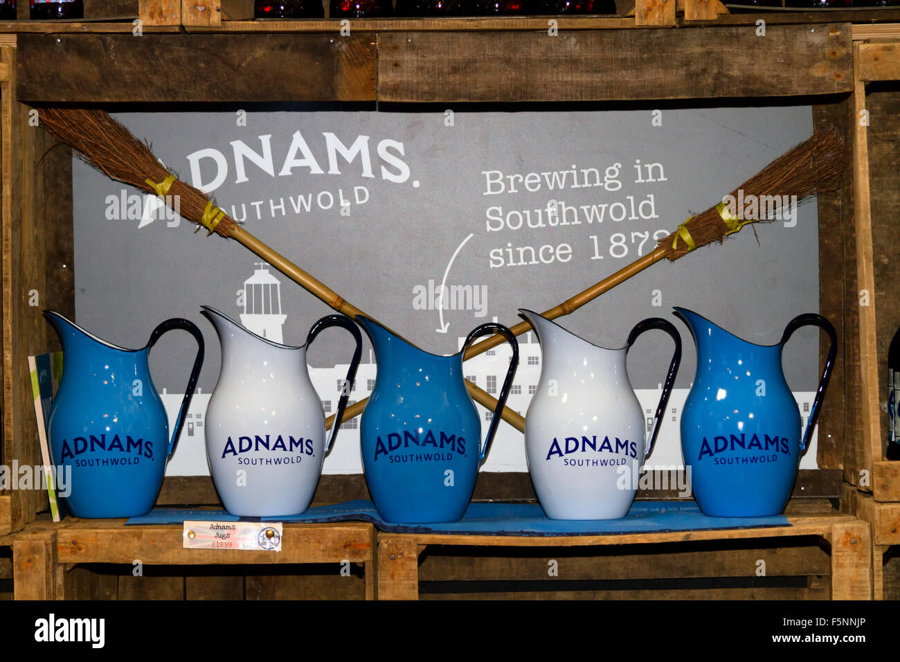 Adnams beer jugs on sale, Jimmy's Farm, Wherstead, Ipswich, Suffolk, UK Stock Photo