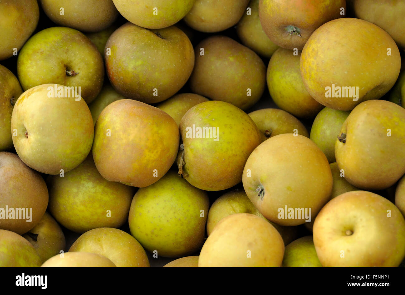 A BOX OF ORGANIC APPLES AT A FARMERS MARKET IN DEVON ENGLAND Stock Photo