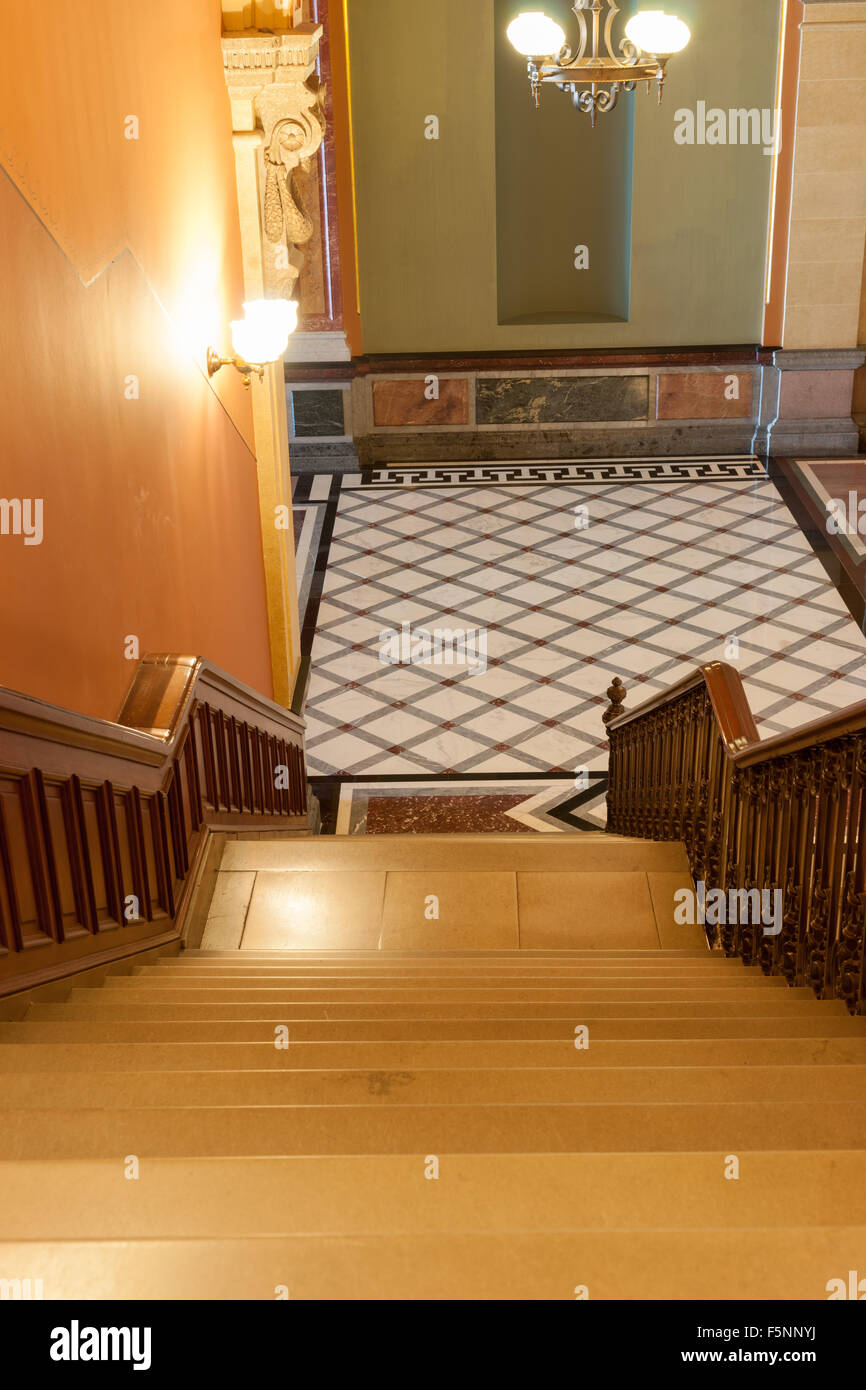 Stairs Leading Down To Tiles Diamond Pattern Floor In French