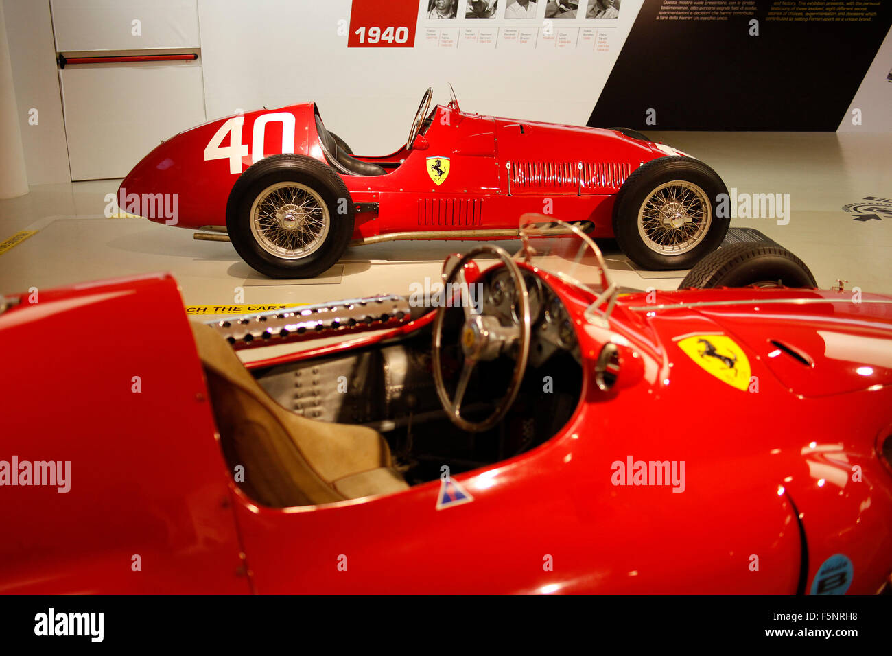 1955 555 F1 (foreground) and 1948 166 F2 at the Museo Ferrari in Maranello, Italy. Stock Photo