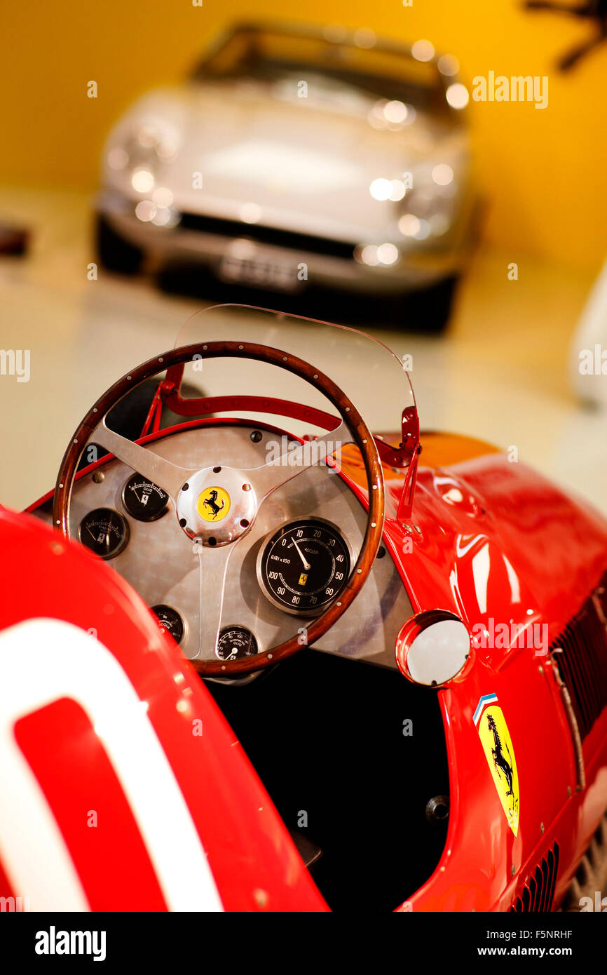 1948 166 F2 and a 1968 365 GTB4 (background) at the Museo Ferrari in Maranello, Italy. Stock Photo