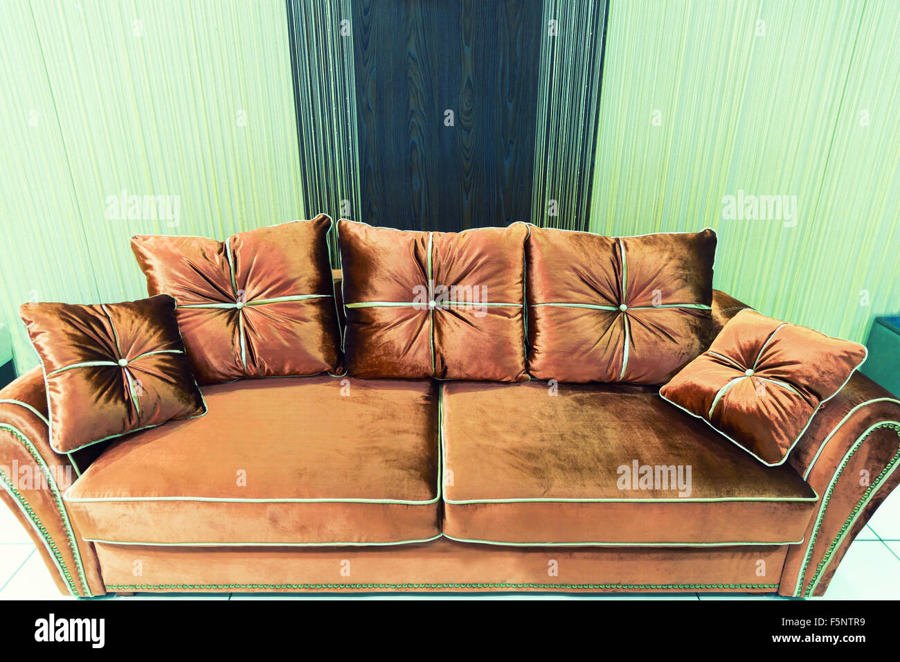 Velvet Pillows On The Brown Big Sofa Stock Photo 89605581 Alamy