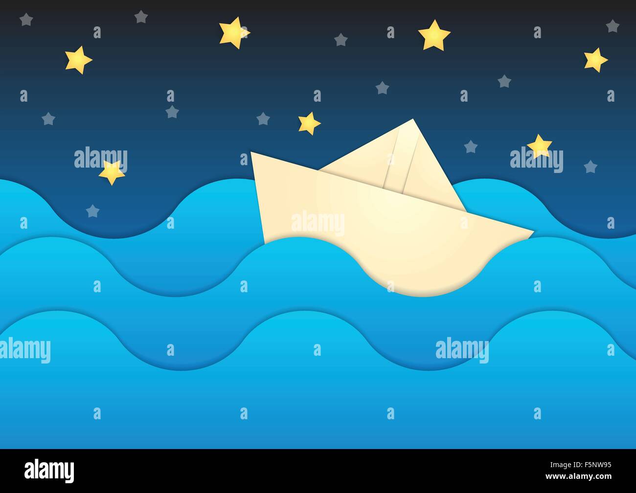 Paper boat on paper sea and night sky background, VECTOR, EPS10 Stock Vector