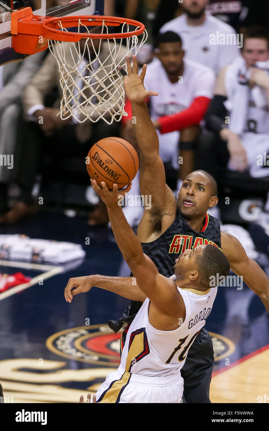 New Orleans, LA, USA. 6th Nov, 2015. New Orleans Pelicans guard Eric Gordon (10) shoots a lay up during the game between the Atlanta Hawks and New Orleans Pelicans at the Smoothie King Center in New Orleans, LA. Atlanta Hawks defeat New Orleans Pelicans 121-115. Stephen Lew/CSM/Alamy Live News Stock Photo
