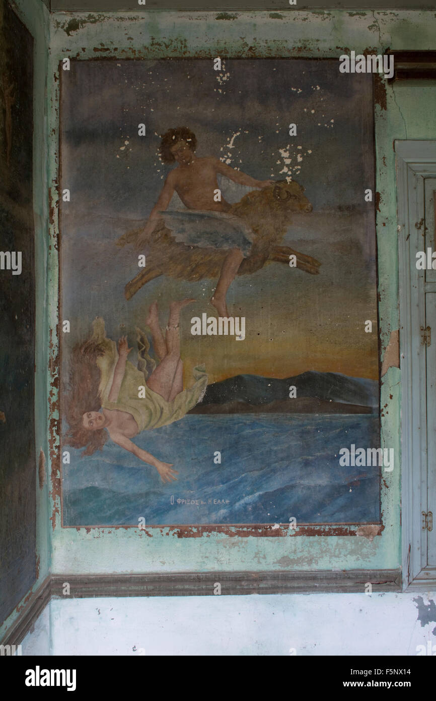 Damaged wallpainting title: Phrixus & Helle, 1931. Helle could not hold herself from golden rams' body, falling in the sea. Stock Photo
