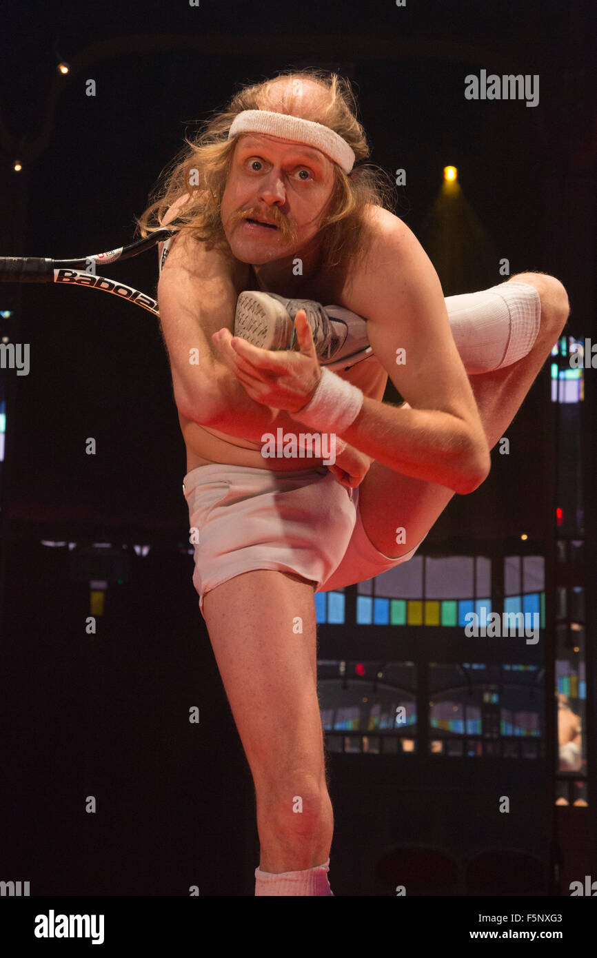 Captain Frodo, contortion with a tennis raquet. The Olivier Award winning show La Soiree returns to the La Soiree Spiegeltent at Southbank Centre for a sixth season from 27 October 2015 to 17 January 2016. Stock Photo