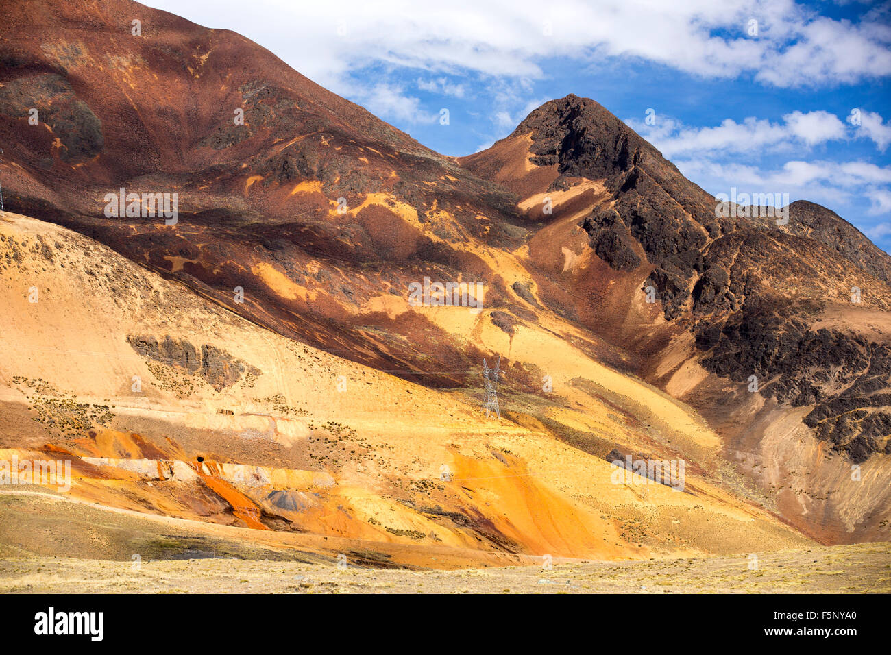 Contaminated mine effluent leaking out of a mine on Chacaltaya peak in the Bolivian Andes. Stock Photo