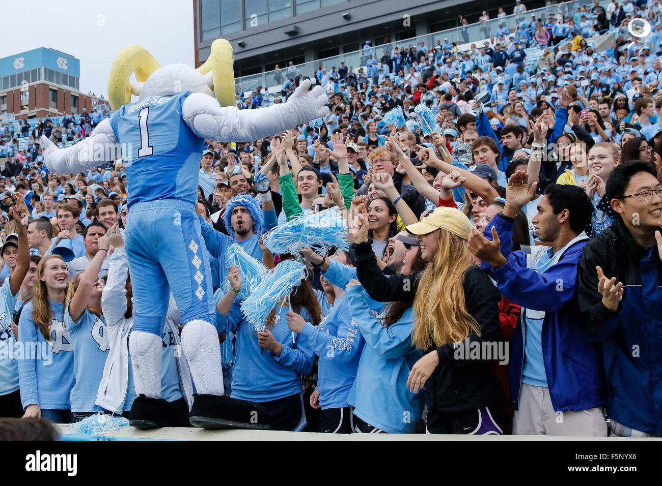 Chapel-Hill, NC, USA. 7th Nov, 2015. Ramses pumps up the students after the victory in the NCAA Football match-up between the Duke Blue Devils and the North Carolina Tar Heels at Kenan Memorial Stadium in Chapel-Hill, NC. Scott Kinser/CSM/Alamy Live News Stock Photo