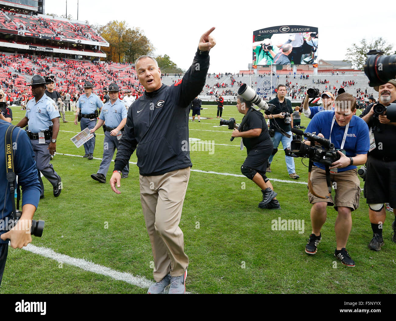 Nov. 7, 2015 - Athens, GA, USA - Georgia Bulldogs head coach Mark Richt  congratulated his fans after Georgia defeated the University of Kentucky  in Sanford Stadium in Athens, GA., Saturday, November 7, 2015. This is fourth quarter college football action. Georgia won 27-3. Photo by Charles Bertram | Staff. (Credit Image: © Lexington Herald-Leader via ZUMA Wire) Stock Photo