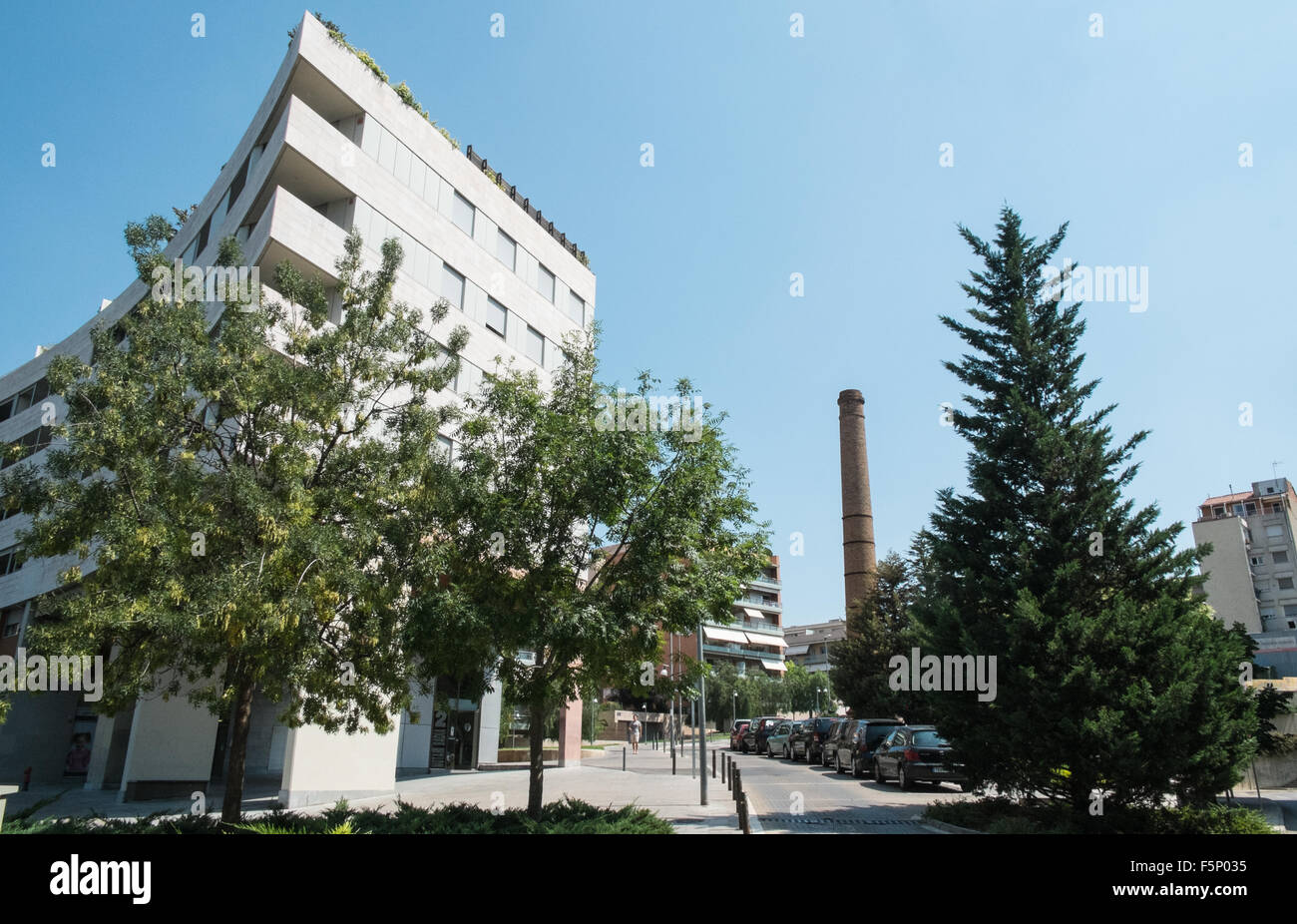 Apartment building in Terrassa a city in Barcelona province,Catalan,Catalonia,Spain.Note chimney