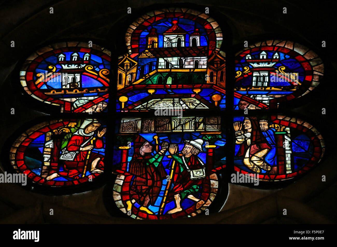 LEON, SPAIN - AUGUST 12, 2014: Stained Glass window depicting the Arc of the Covenant in the Cathedral of Leon in Castile and Le Stock Photo