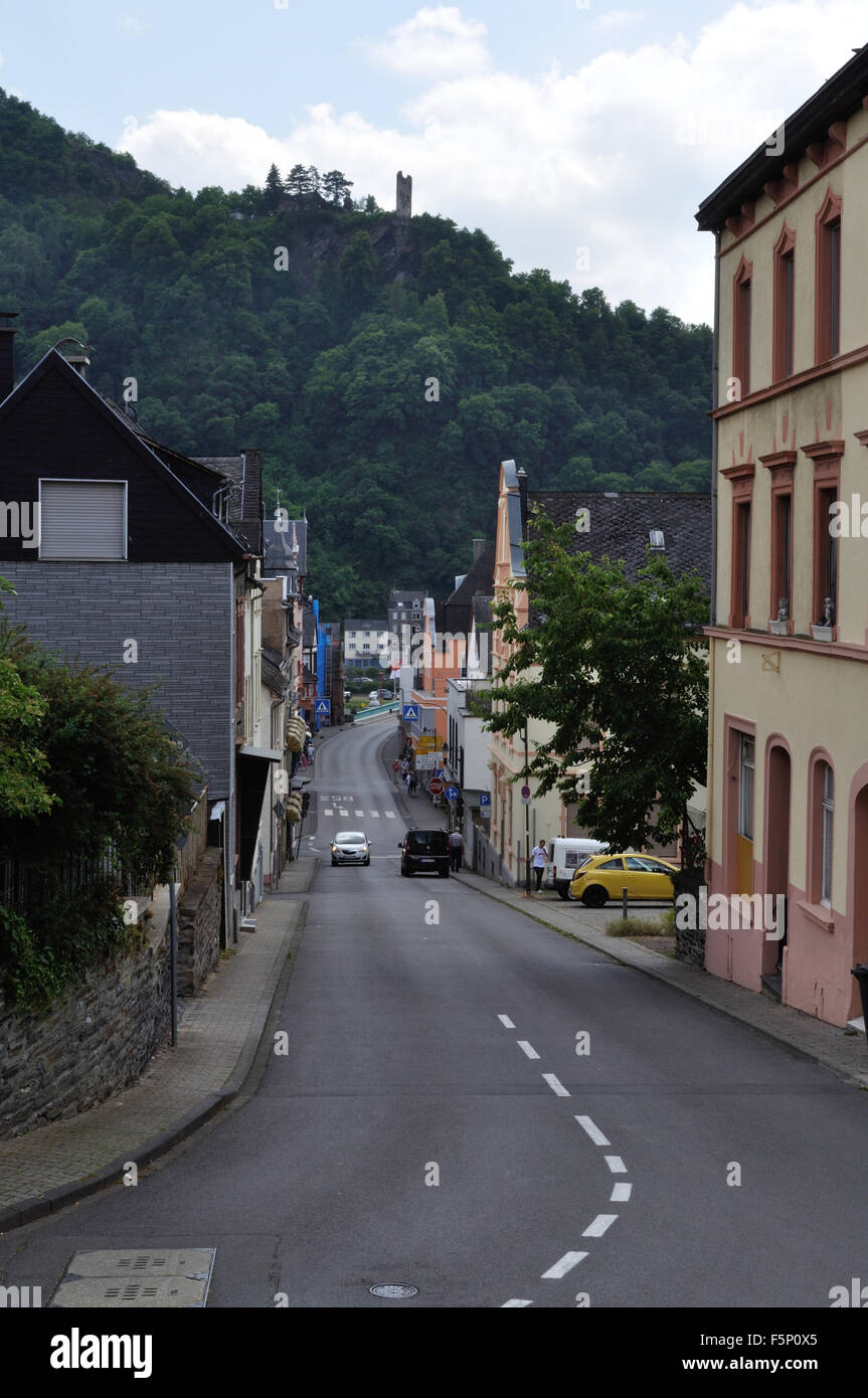 Looking down Poststrasse in Traben, Germany, towards the Moselbrucke, which links the town with Trarbach on the opposite side. Stock Photo