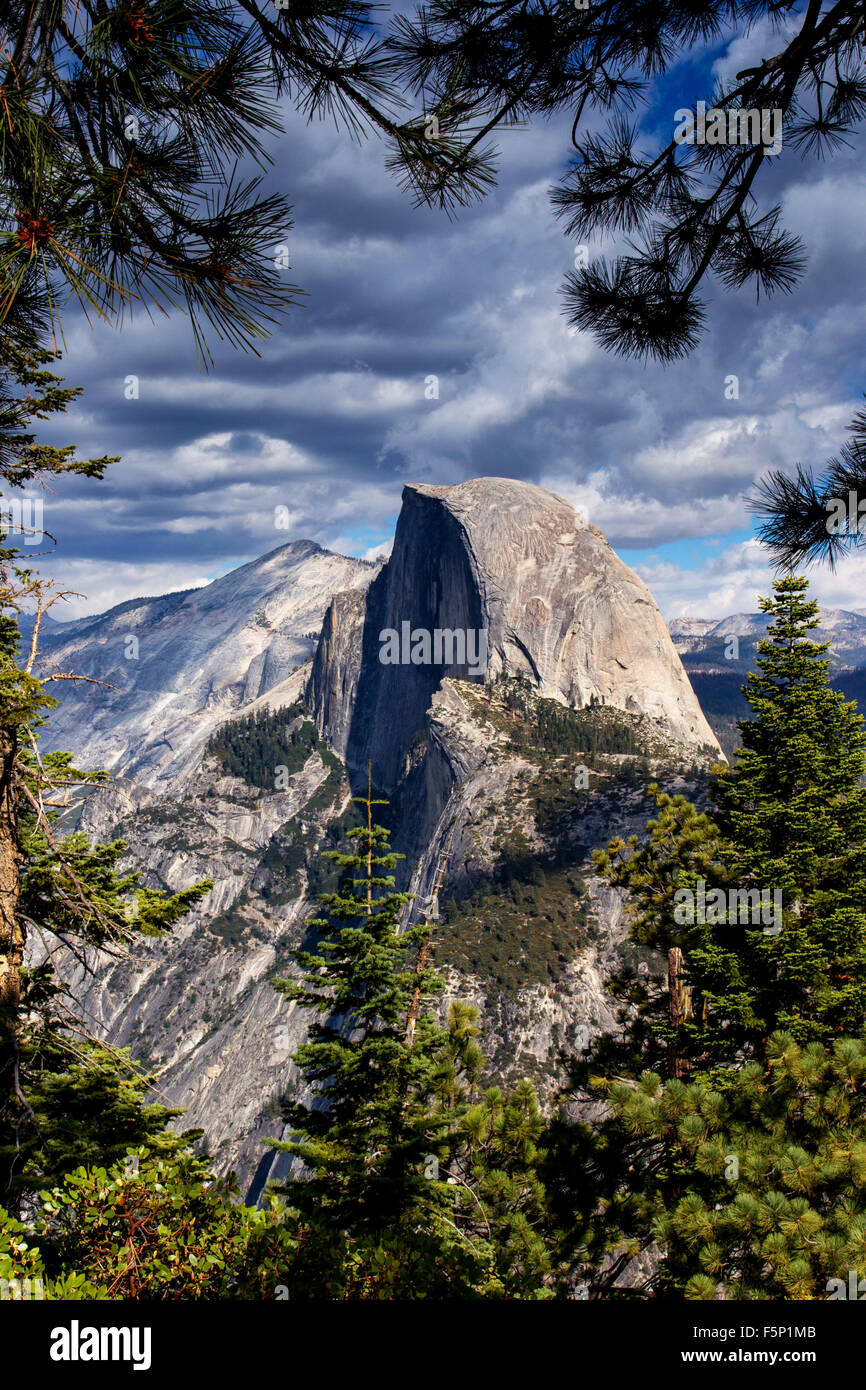 A vertical image of Half Dome from Glacier Point, looking through the trees  Stock Photo - Alamy