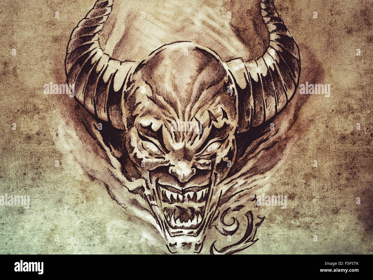 Tattoo art, sketch of a devil with big horns Stock Photo Alamy