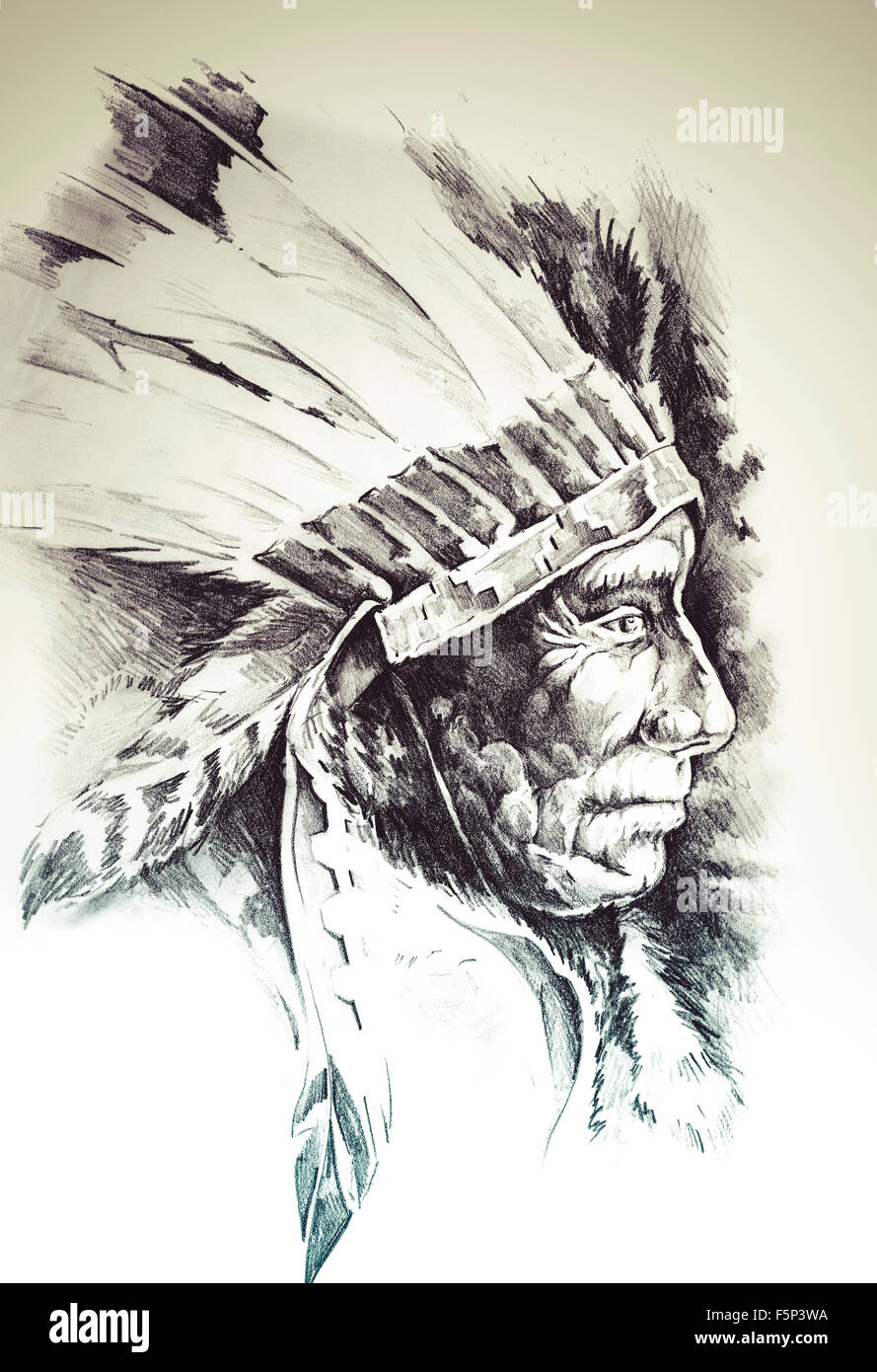 Designart 'American Indian Warrior Tattoo Sketch' Portrait Metal Wall Art -  Bed Bath & Beyond - 11848350
