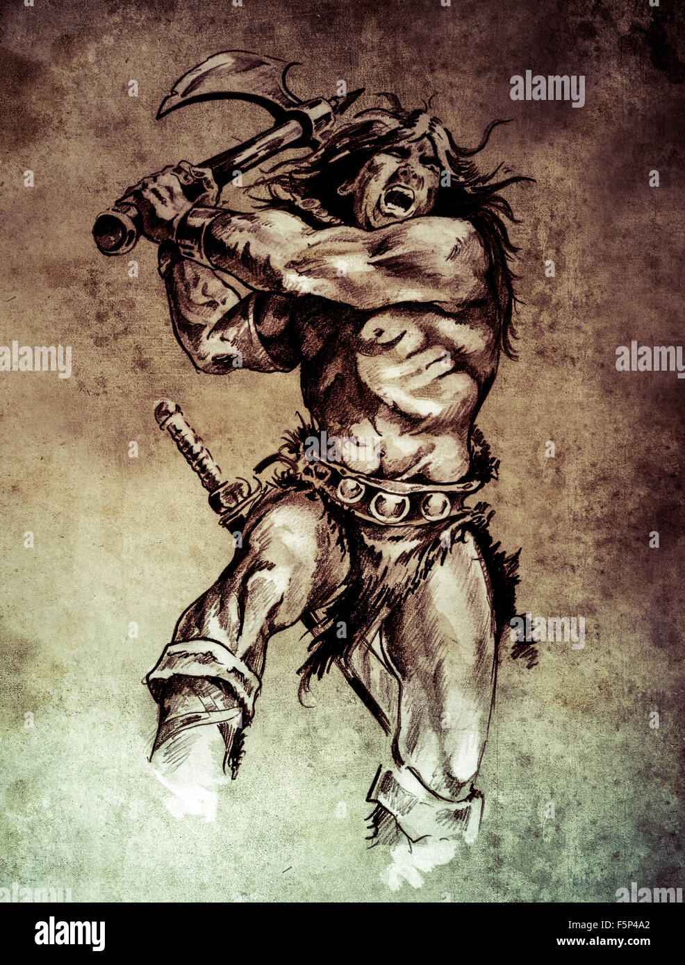 Sketch Of Tattoo Art Warrior Fighting With Big Axe On Vintage Paper Handmade Illustration Stock Photo Alamy